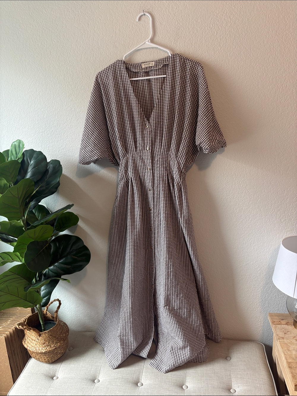 Gingham V-Neck Midi Dress in Brown white